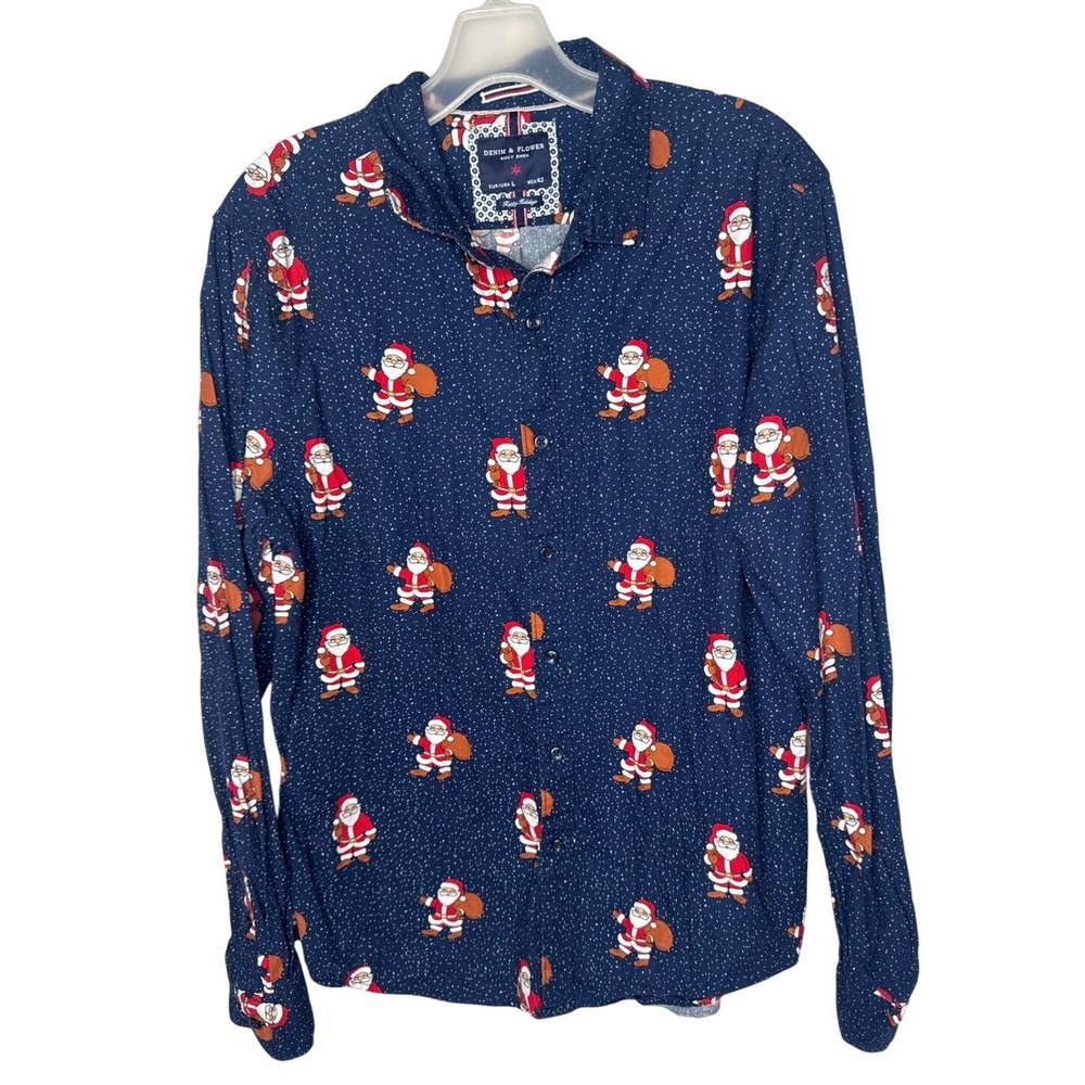 Denim & Flower Ricky Singh Mens Large Santa Claus Christmas Button Down Shirt